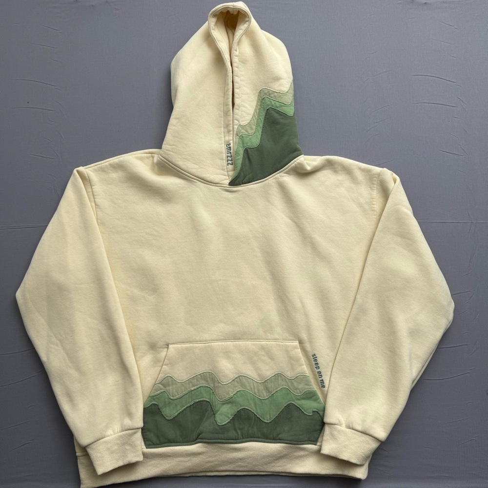 emrzzz Cream Green Wavy Pullover Hoodie Embroidered 2XL Men's Fleece